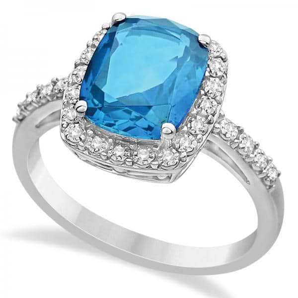 Diamond & Swiss Blue Topaz Halo Ring 14k White Gold (3.57ct)