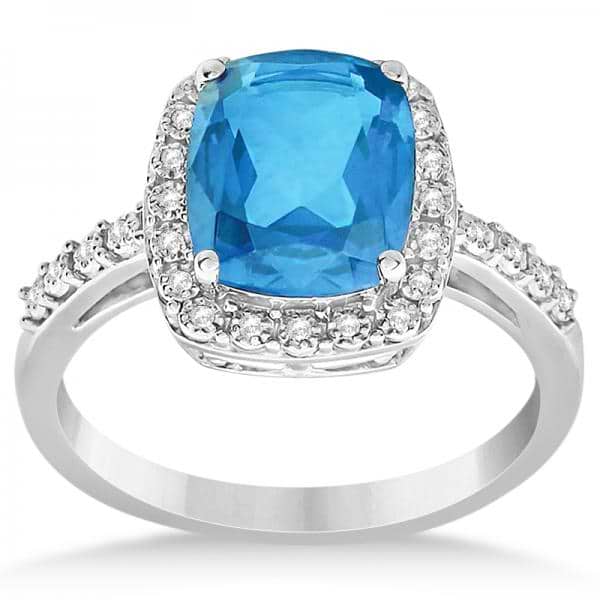 Diamond & Swiss Blue Topaz Halo Ring 14k White Gold (3.57ct)