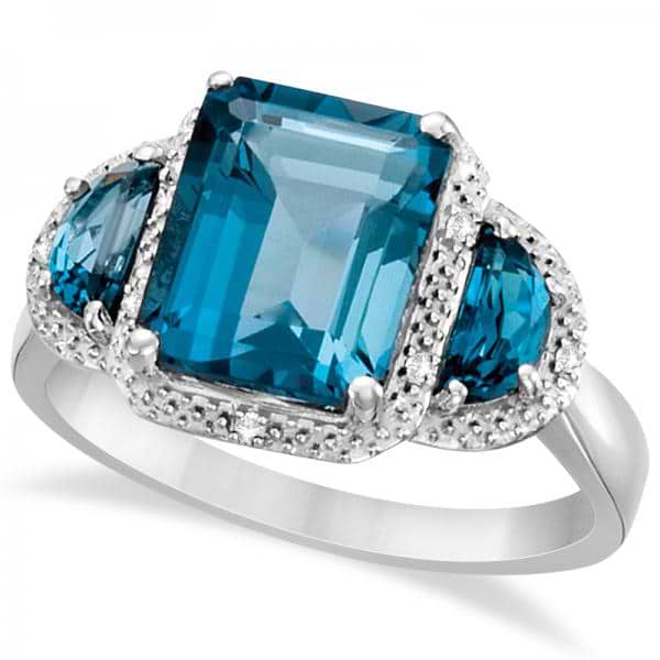 Diamond Three Stone London Blue Topaz Ring in 14k White Gold (4.51ct)