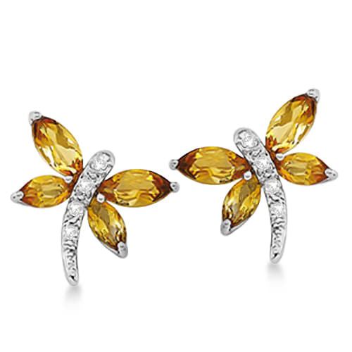 Diamond and Citrine Dragonfly Earrings 14k White Gold (2.88ct)