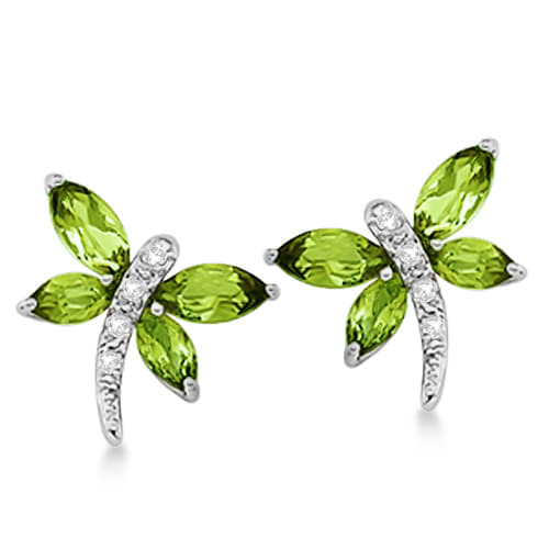 Diamond and Peridot Dragonfly Earrings 14k White Gold (2.44ct)