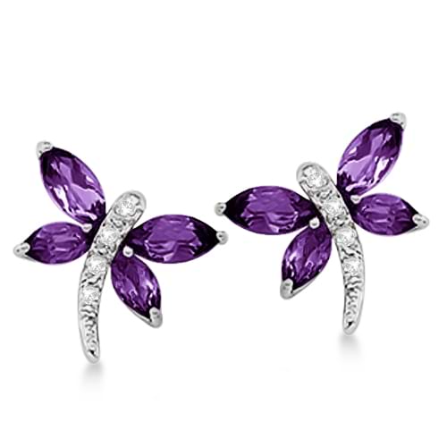 Diamond and Amethyst Dragonfly Earrings 14k White Gold (1.64ct)