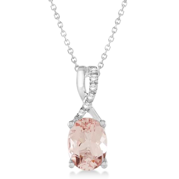 Oval Morganite Pendant Necklace Diamond Accented 14k White Gold 1.31ct