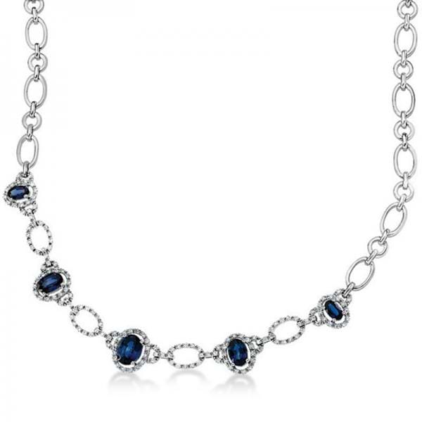 Diamond Oval Blue Sapphire Chain Necklace 14k White Gold (3.65ct)
