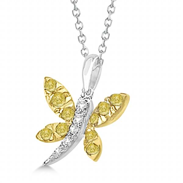Diamond & Yellow Sapphire Dragonfly Necklace 14kt Two Tone Gold (0.32ct)