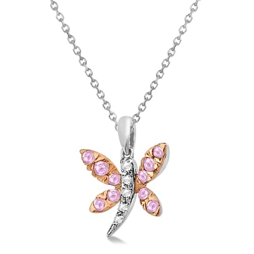 Pink Sapphire and Diamond Dragonfly Pendant 14K White Gold (0.36ctw)