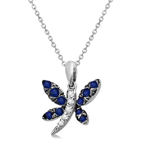 Blue Sapphire & Diamond Dragonfly Pendant 14K White Gold (0.40ctw)