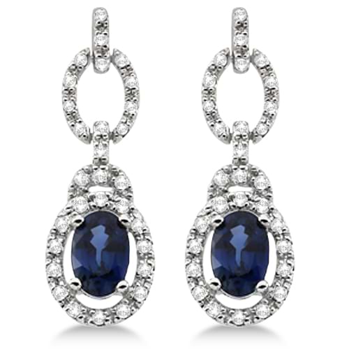 Drop Diamond and Blue Sapphire Earrings 14k White Gold (1.55ct)