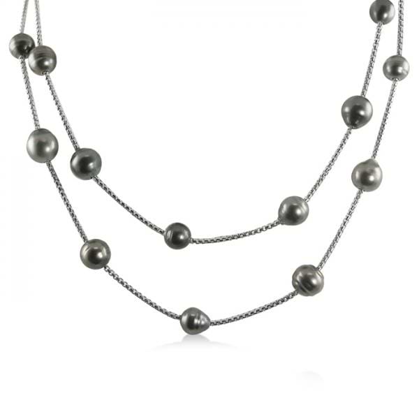 Graduated Tahitian Cultured Pearl Station Necklace Silver 8-11mm