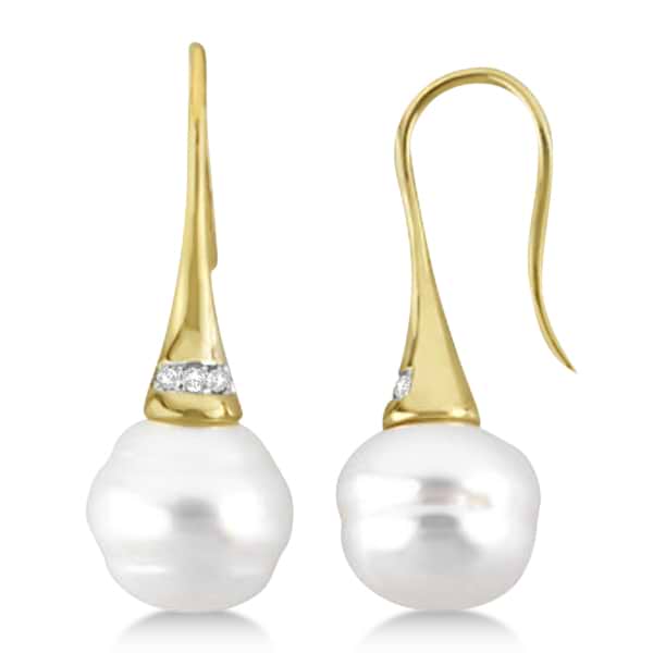 South Sea Cultured Pearl & Diamond Drop Earrings 14K Yellow Gold .04cw