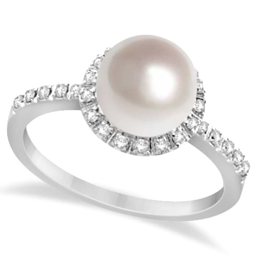 Halo Freshwater Pearl & Diamond Ring 14K White Gold 0.20ctw (8mm)