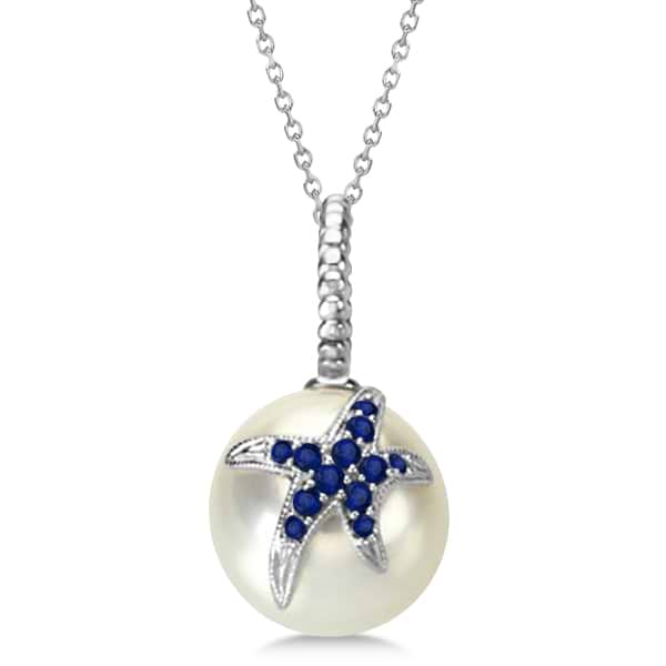 Freshwater Pearl Pendant w/ Sapphire Accented Starfish  14K White Gold 0.25cw