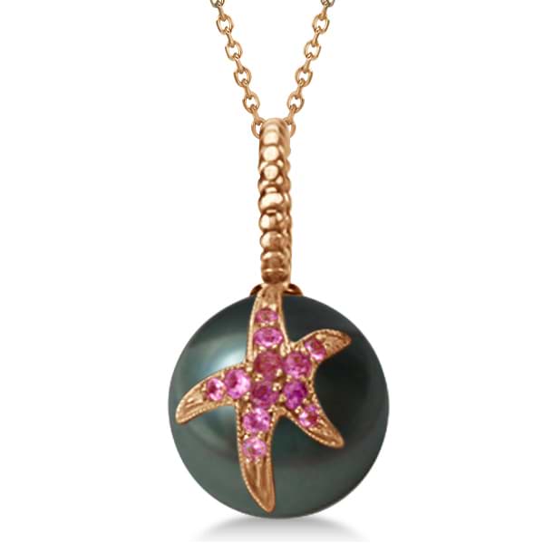 Tahitian Cultured Pearl Starfish Pendant w/ Pink Sapphires 14k Rose G.