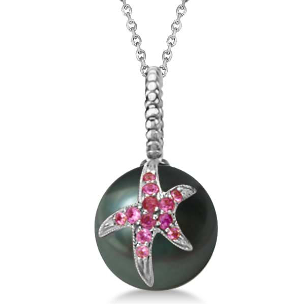 Tahitian Cultured Pearl Starfish Pendant w/ Pink Sapphires 14k White