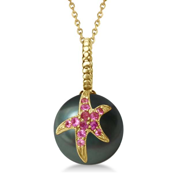 Tahitian Cultured Pearl Starfish Pendant w/ Pink Sapphires 14k Yellow