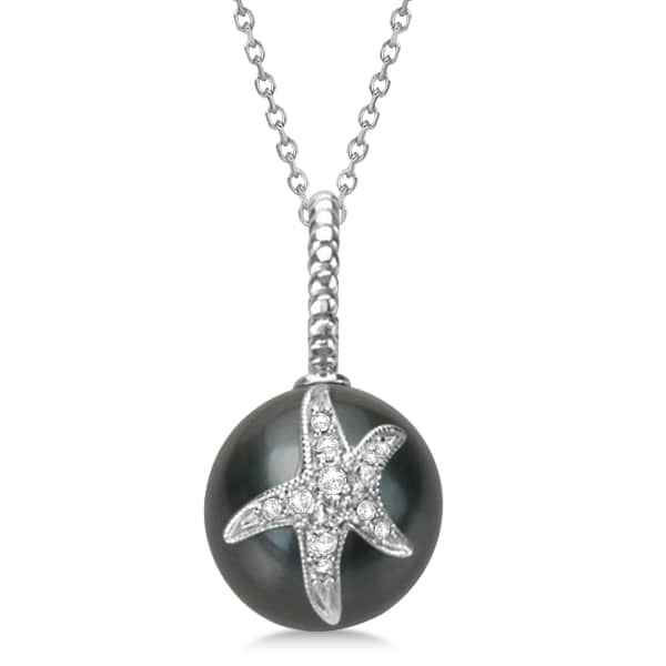 Tahitian Pearl Pendant w/Diamond Starfish Accent 14k White Gold 0.12cw
