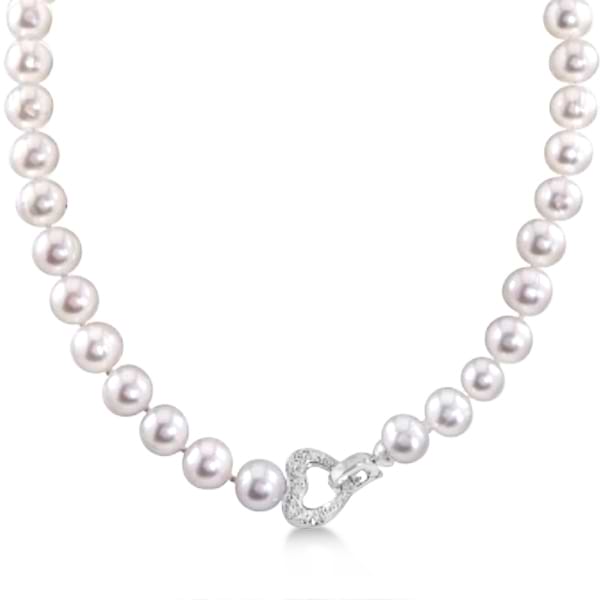 Freshwater Pearl Necklace w/Diamond Heart Sterling Silver 10-11mm