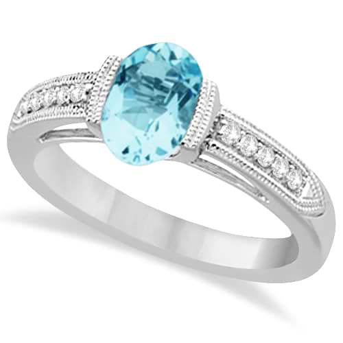 Solitaire Style Diamond and Aquamarine Ring 14k White Gold (1.14ct)