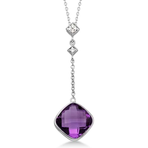 Diamond and Cushion Amethyst Drop Necklace 14k White Gold (3.54ct)