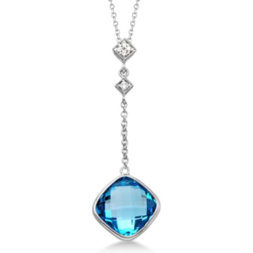 Diamond and Cushion Blue Topaz Drop Necklace 14k White Gold (5.04ct)