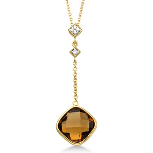 Diamond and Cushion Quartz Drop Necklace 14k Yellow Gold (3.54ct)