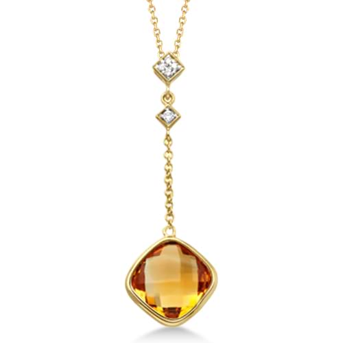 Diamond and Cushion Citrine Drop Necklace 14k Yellow Gold (3.54ct)