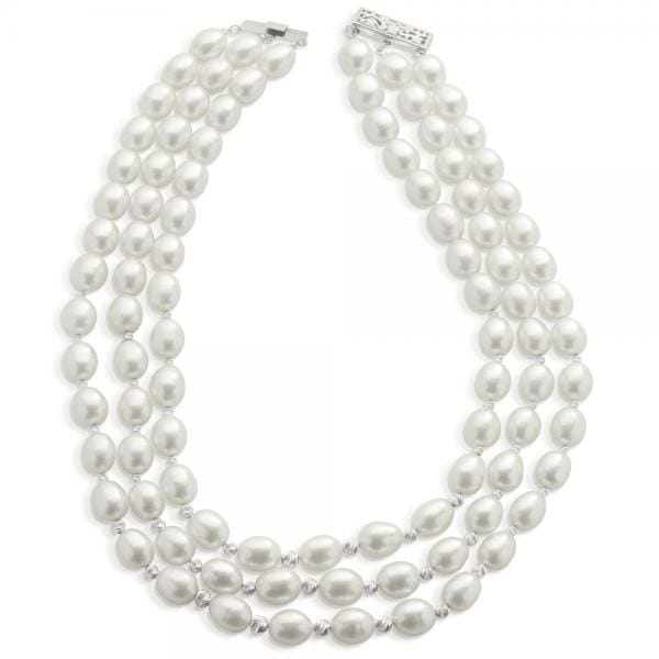 Freshwater Cultured Pearl 3 Strand Necklace Sterling Silver 9.5-10mm