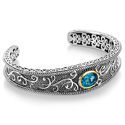 Balinese Swiss Blue Topaz Cuff Bracelet 14k Gold & Sterling Silver (3.52ct)