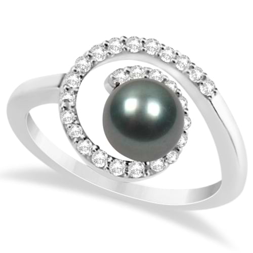 Akoya Cultured Black Pearl Ring with Diamonds 14K White Gold 0.25ct