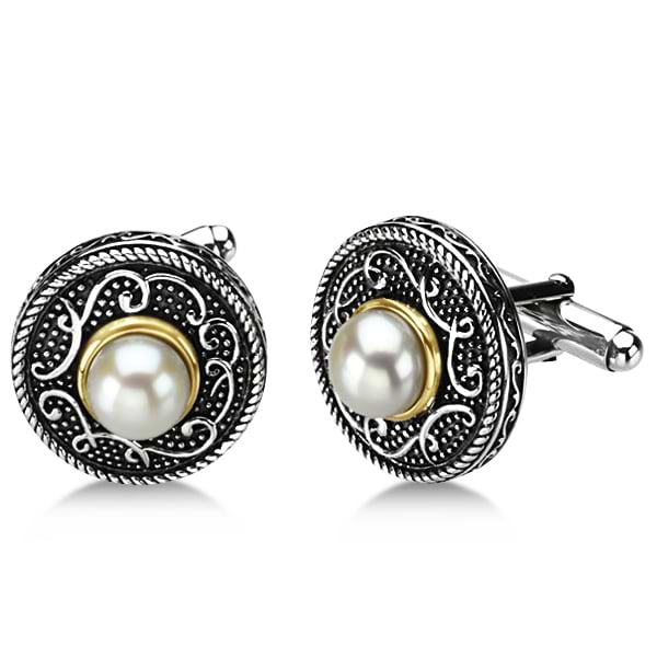 Freshwater Pearl Cuff Links Sterling Silver & 14k Yellow Gold 6.50ct