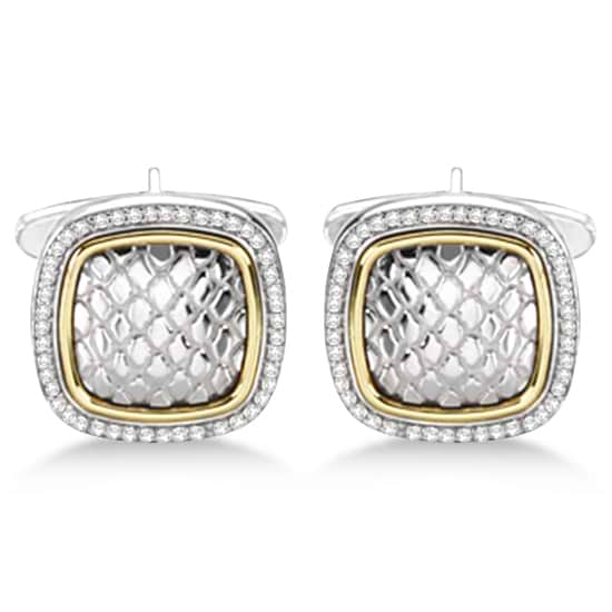 Square Engraved Diamond Cuff Links 14k Gold & Sterling Silver (0.50ct)