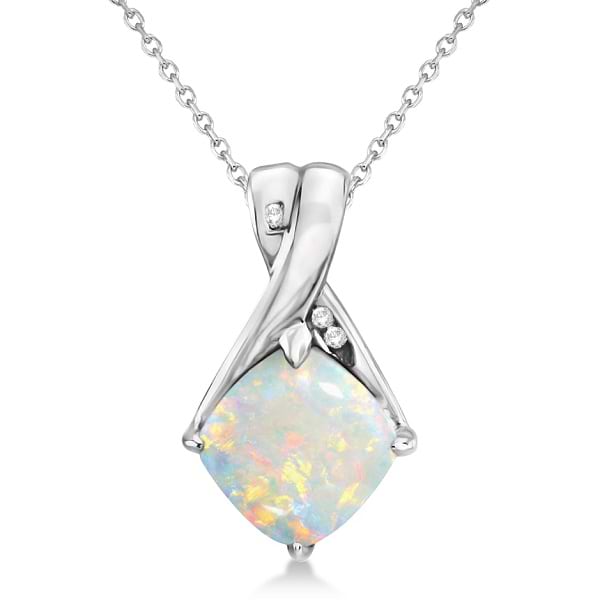 Diamond and Cushion Opal Pendant Necklace 14k White Gold (1.36ct)