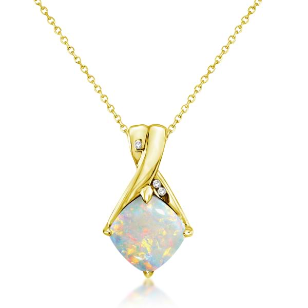 Diamond and Cushion Opal Pendant Necklace 14k Yellow Gold 1.36ct - RE812