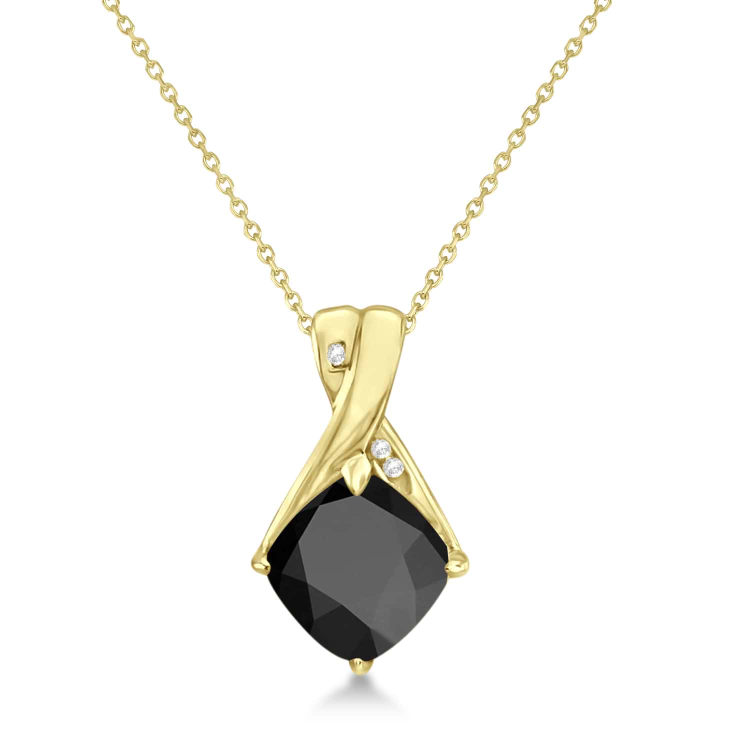 Diamond and Cushion Black Onyx Pendant Necklace 14k Yellow Gold (1.36ct)