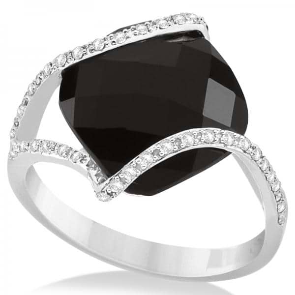 Diamond & Cushion Cut Black Onyx Fashion Ring 14k White Gold (7.04ct)