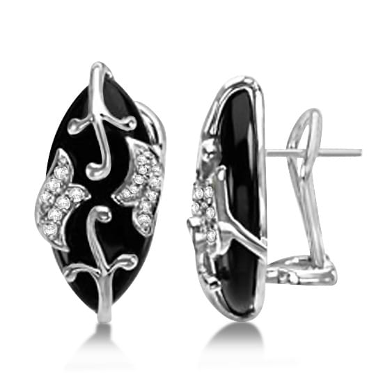 Diamond and Black Onyx Earrings Floral 14K White Gold 15.92ctw