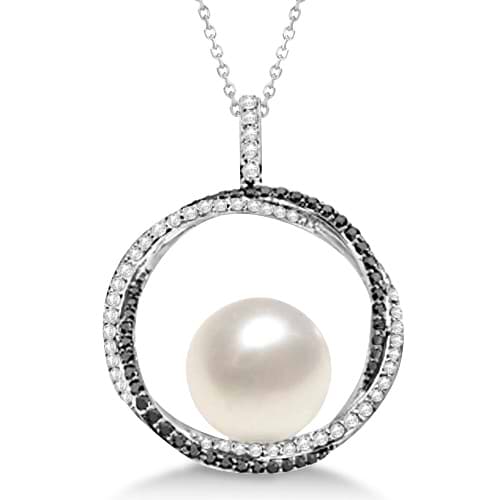 South Sea Pearl Pendant w/ White & Black Diamonds 14K W. Gold (12mm)