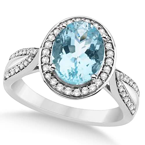 Halo Style Diamond and Aquamarine Ring 14k White Gold (2.50ct)