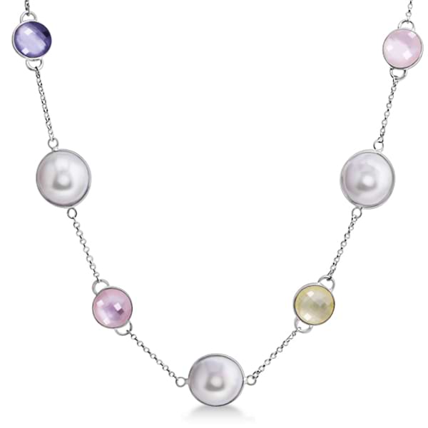 Cultured Freshwater Pearl & Crystal Necklace Sterling Silver 13-14mm