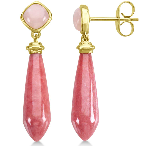 Ladies Pink Opal & Rhodonite Drop Earrings 14k Yellow Gold (13.16ct)