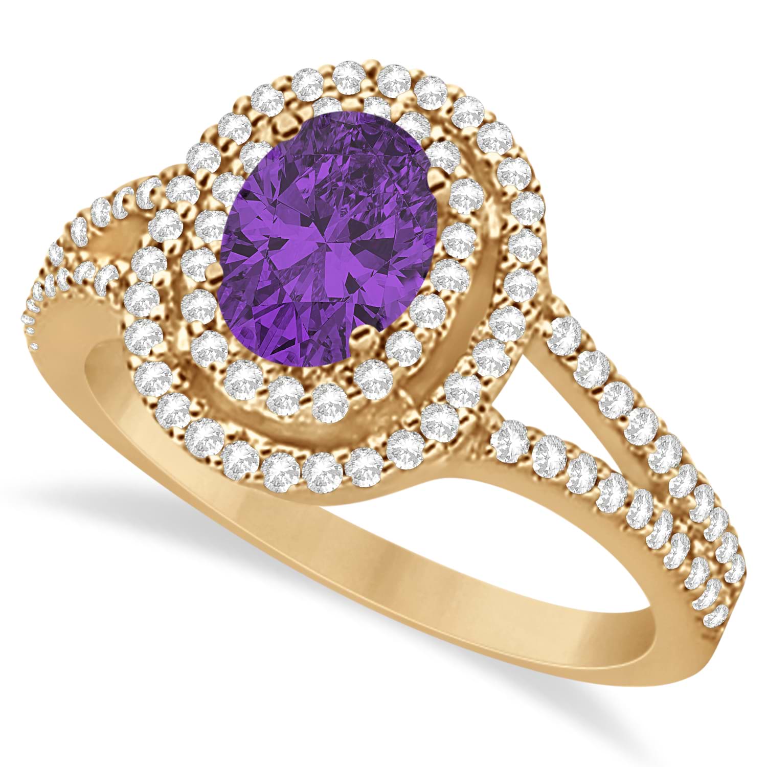 Double Halo Diamond & Amethyst Engagement Ring 14K Rose Gold 1.34ctw