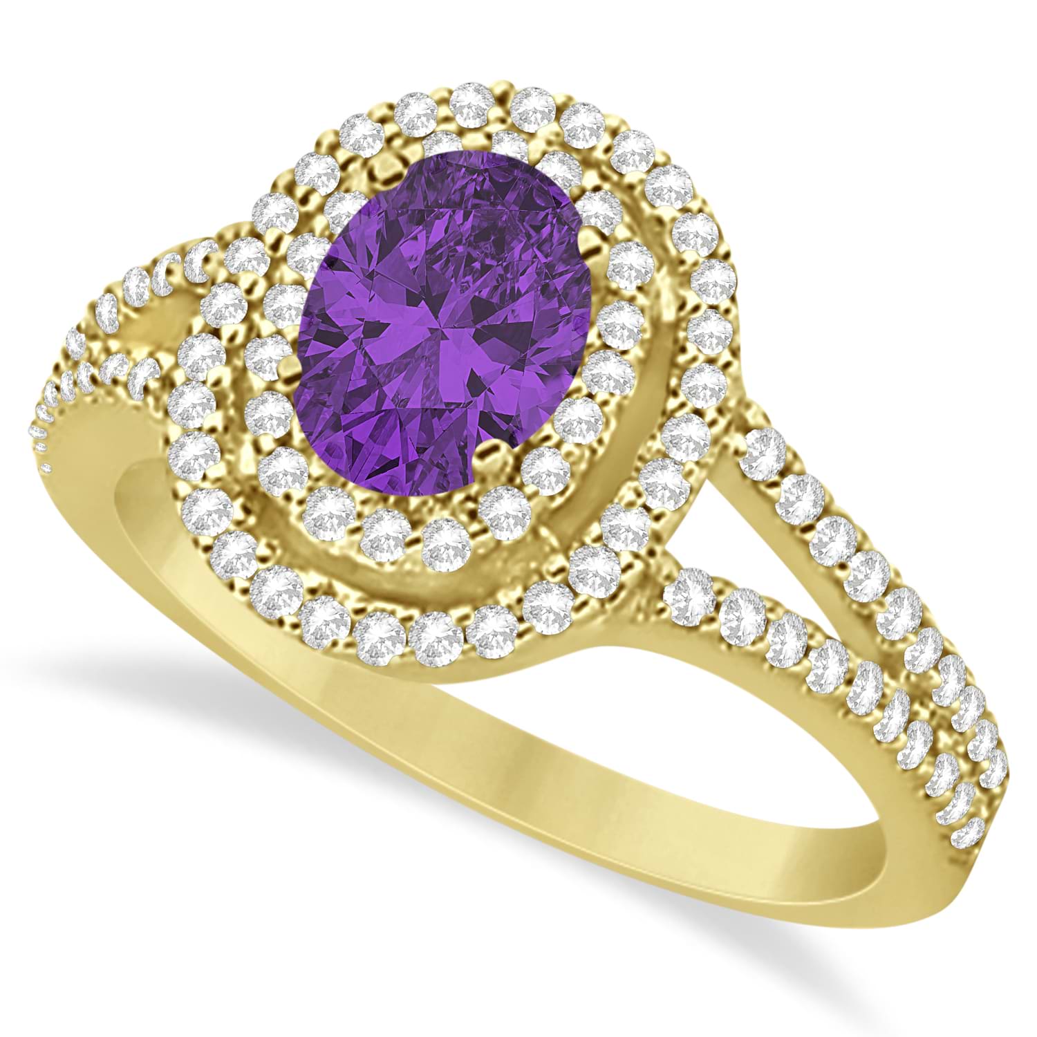 Double Halo Diamond & Amethyst Engagement Ring 14K Yellow Gold 1.34ctw