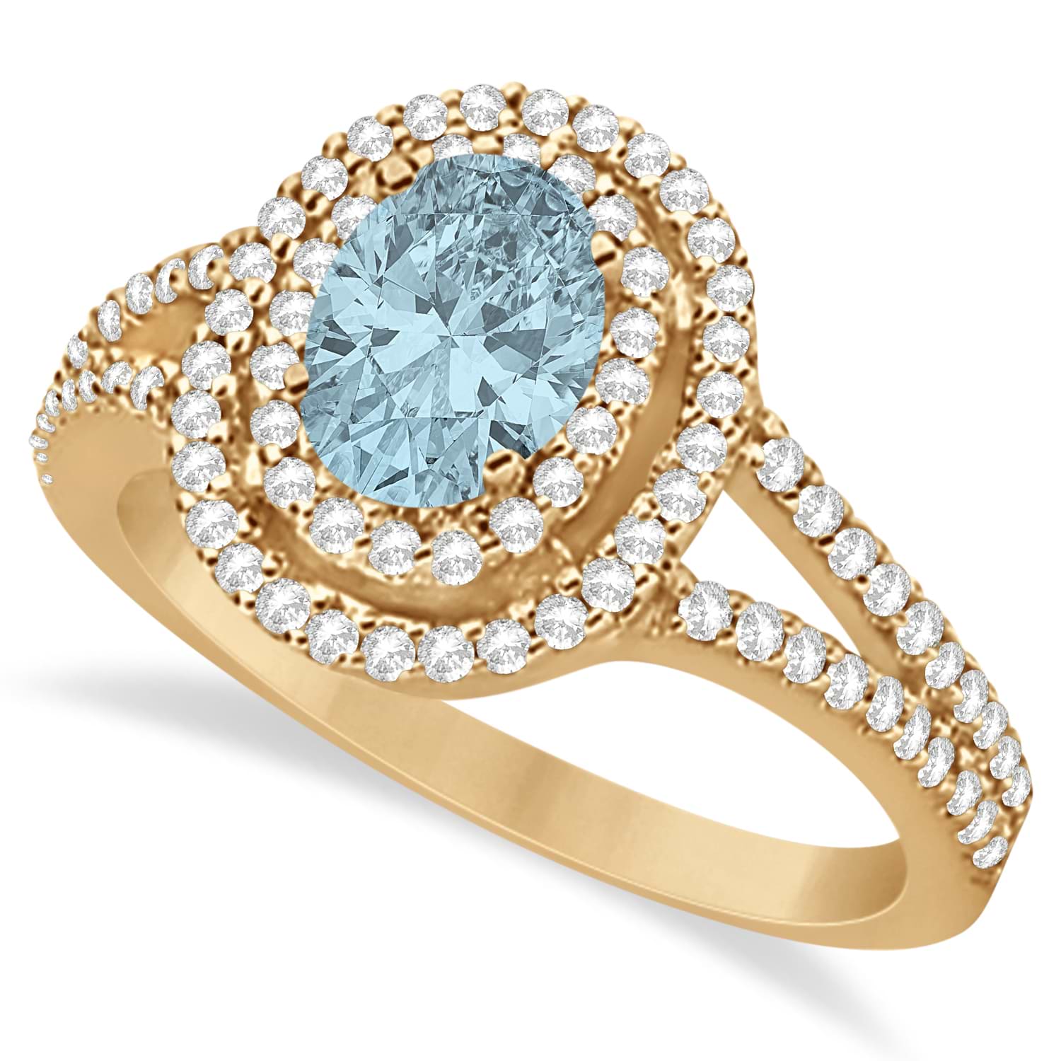 Double Halo Diamond & Aquamarine Engagement Ring 14K Rose Gold 1.34ctw