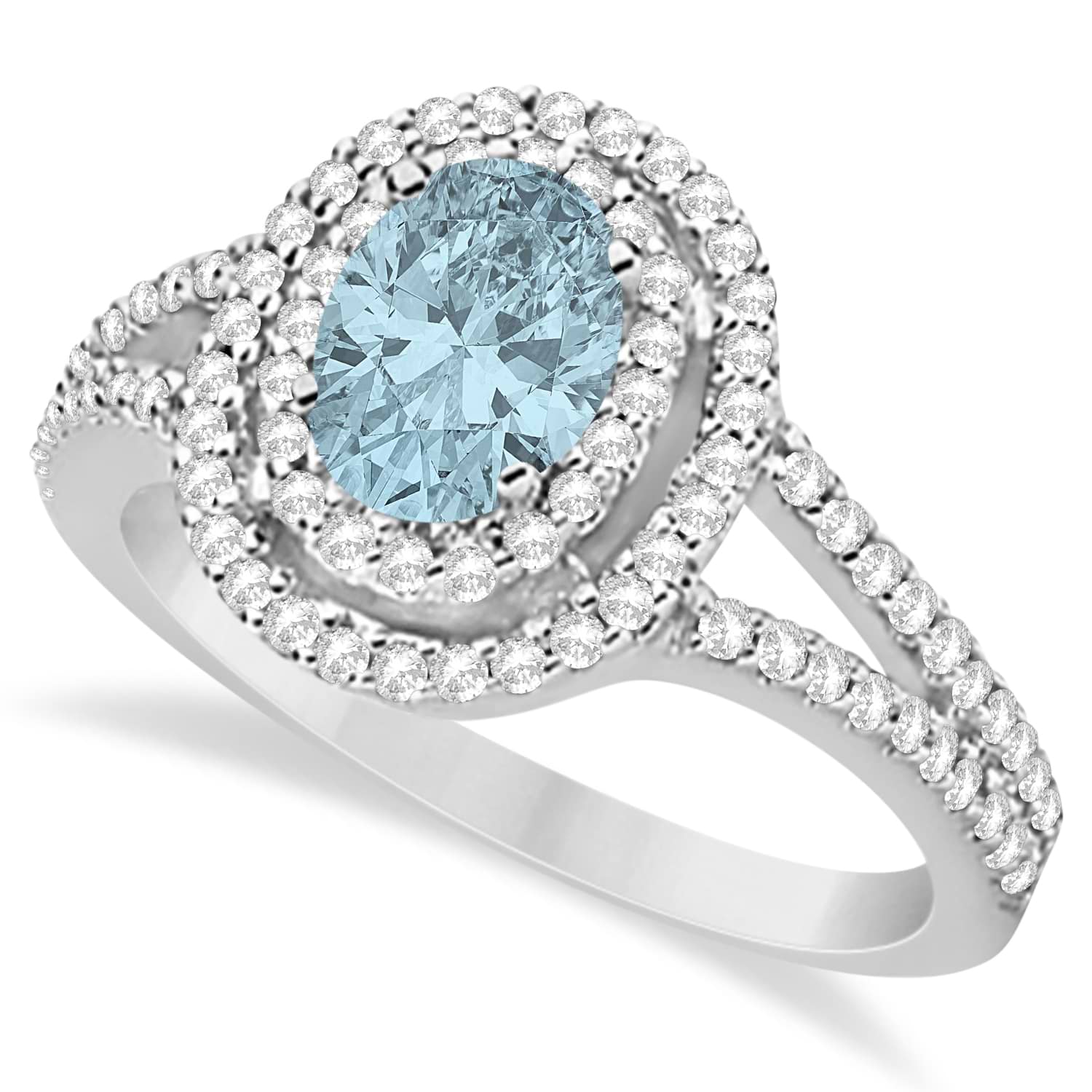 Double Halo Diamond & Aquamarine Engagement Ring 14K White Gold 1.34ctw
