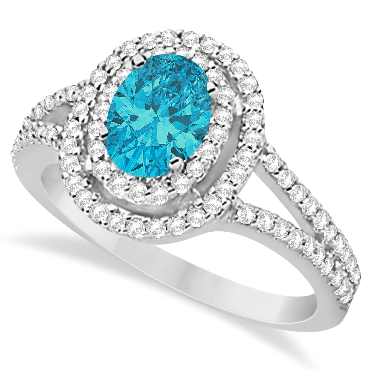 Double Halo Diamond & Blue Diamond Engagement Ring 14K White Gold 1.34ctw