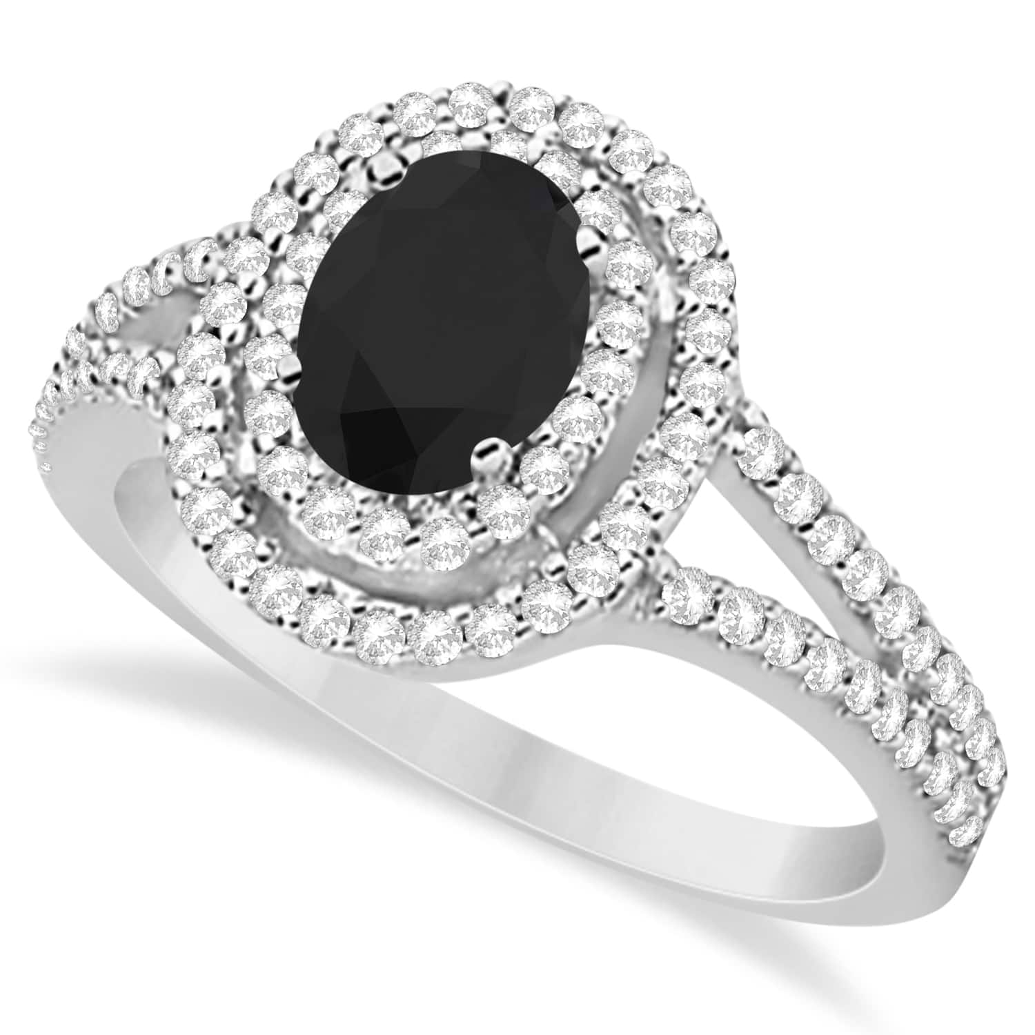 Double Halo Diamond & Black Diamond Engagement Ring 14K White Gold 1.34ctw