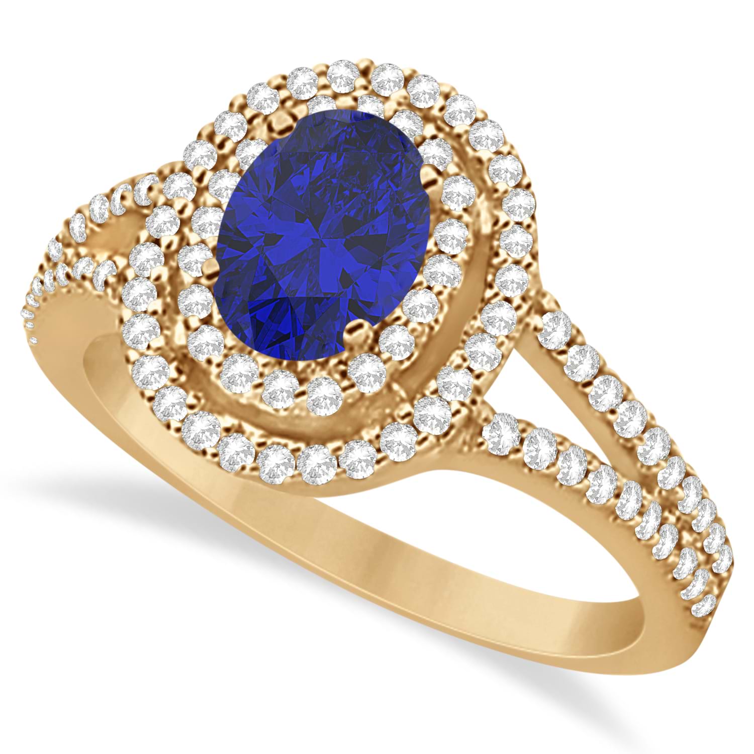 Double Halo Diamond & Blue Sapphire Engagement Ring 14K Rose Gold 1.34ctw