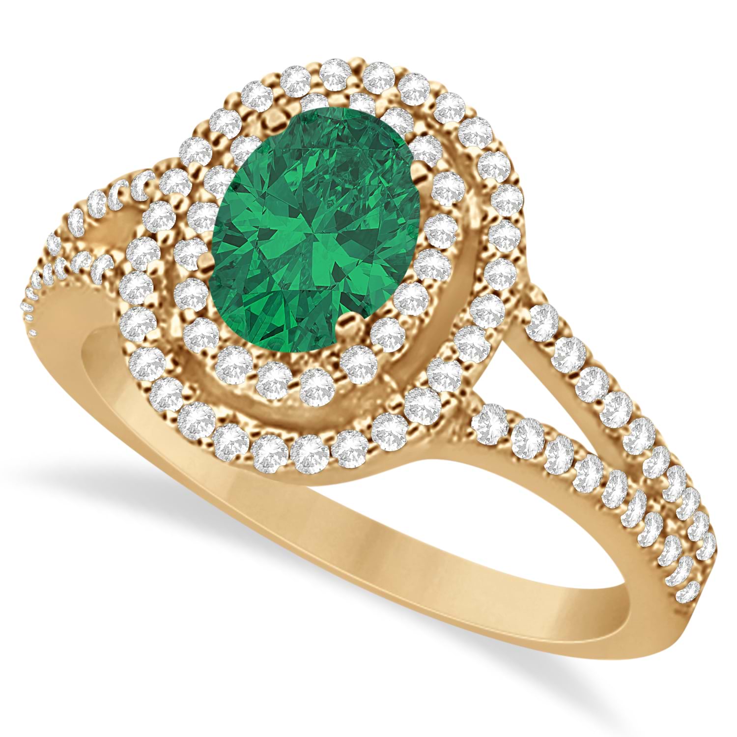 Double Halo Diamond & Emerald Engagement Ring 14K Rose Gold 1.34ctw