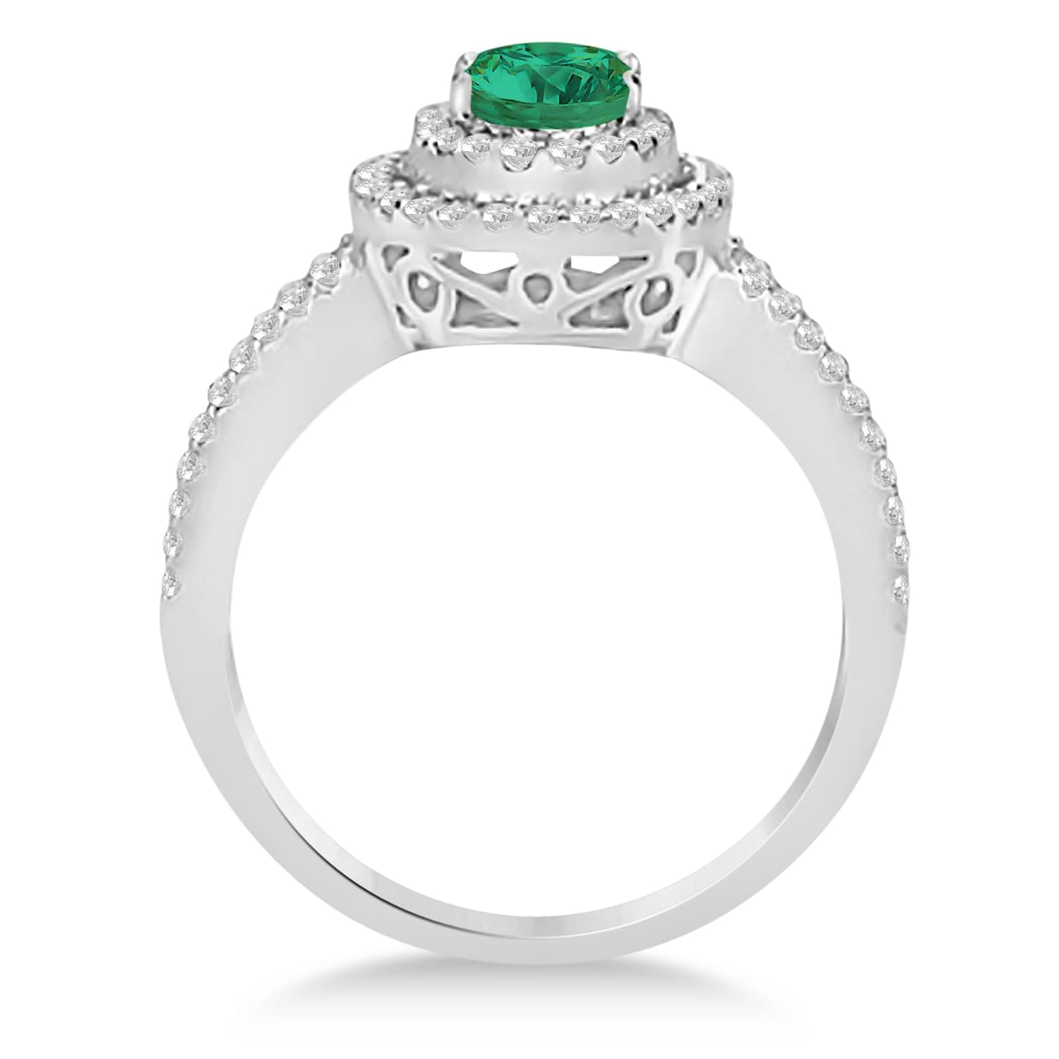 Double Halo Diamond & Emerald Engagement Ring 14K White Gold 1.34ctw