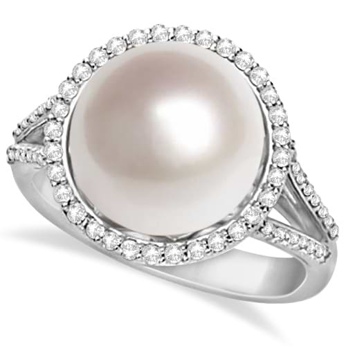South Sea Cultured Pearl and Diamond Halo Ring 14K W. Gold (11mm)